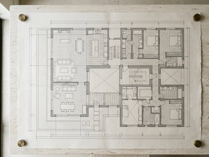A floor plan pinned to a travertine wall