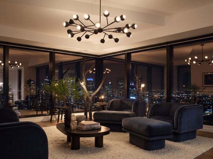 Eureka Apartment, living room lit at night
