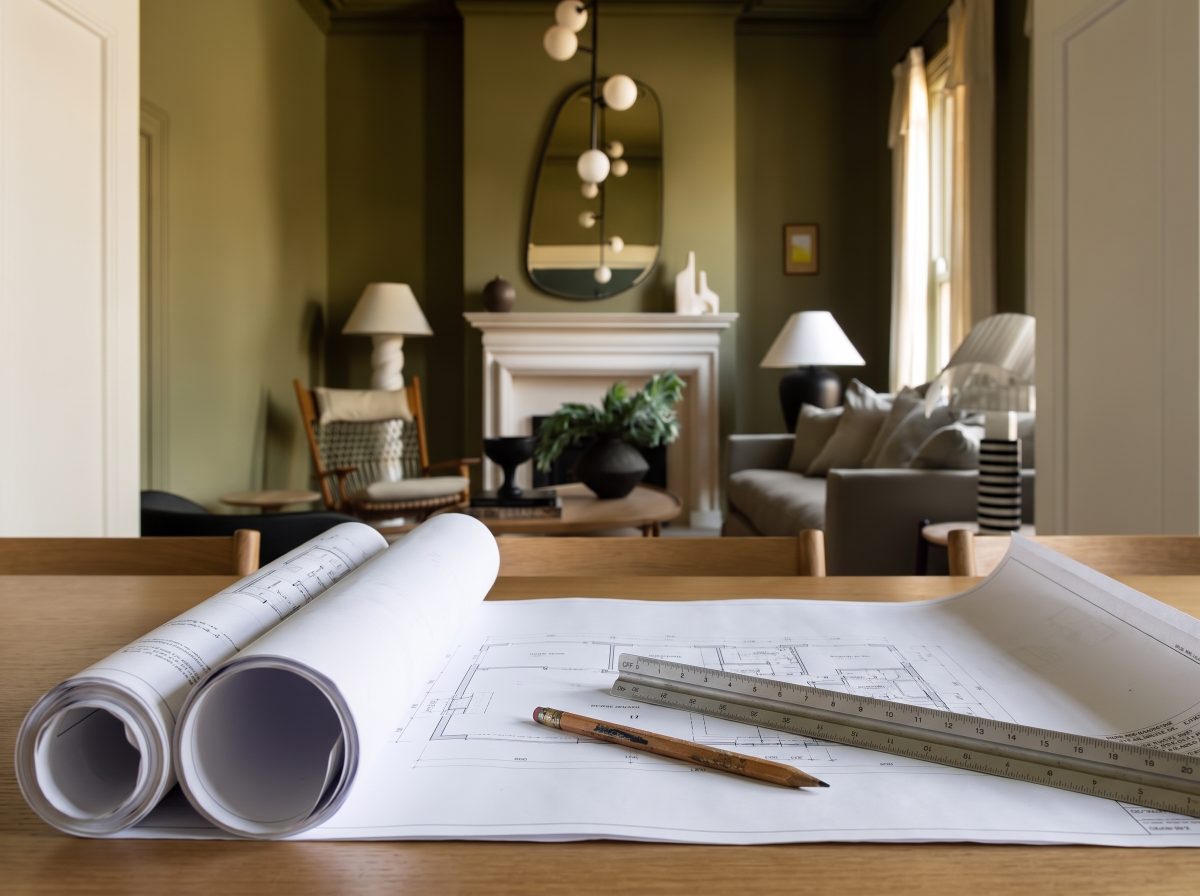 Plans on a table in the Camberwell Mews living room